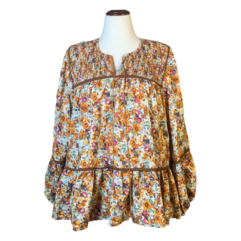 Floral Smocked Tiered Top Autumn Boho Balloon Sleeve Peasant Blouse Size XL